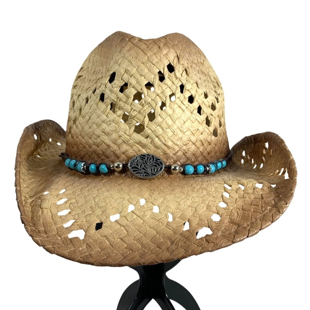 Western Woven Straw Cowboy Hat Turquoise Beaded Band Cutout Design Unisex OS